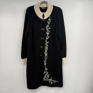 Classic Alpaca Embroidered Duster Cardigan Coat Womens L Black Cream Clasp Peru